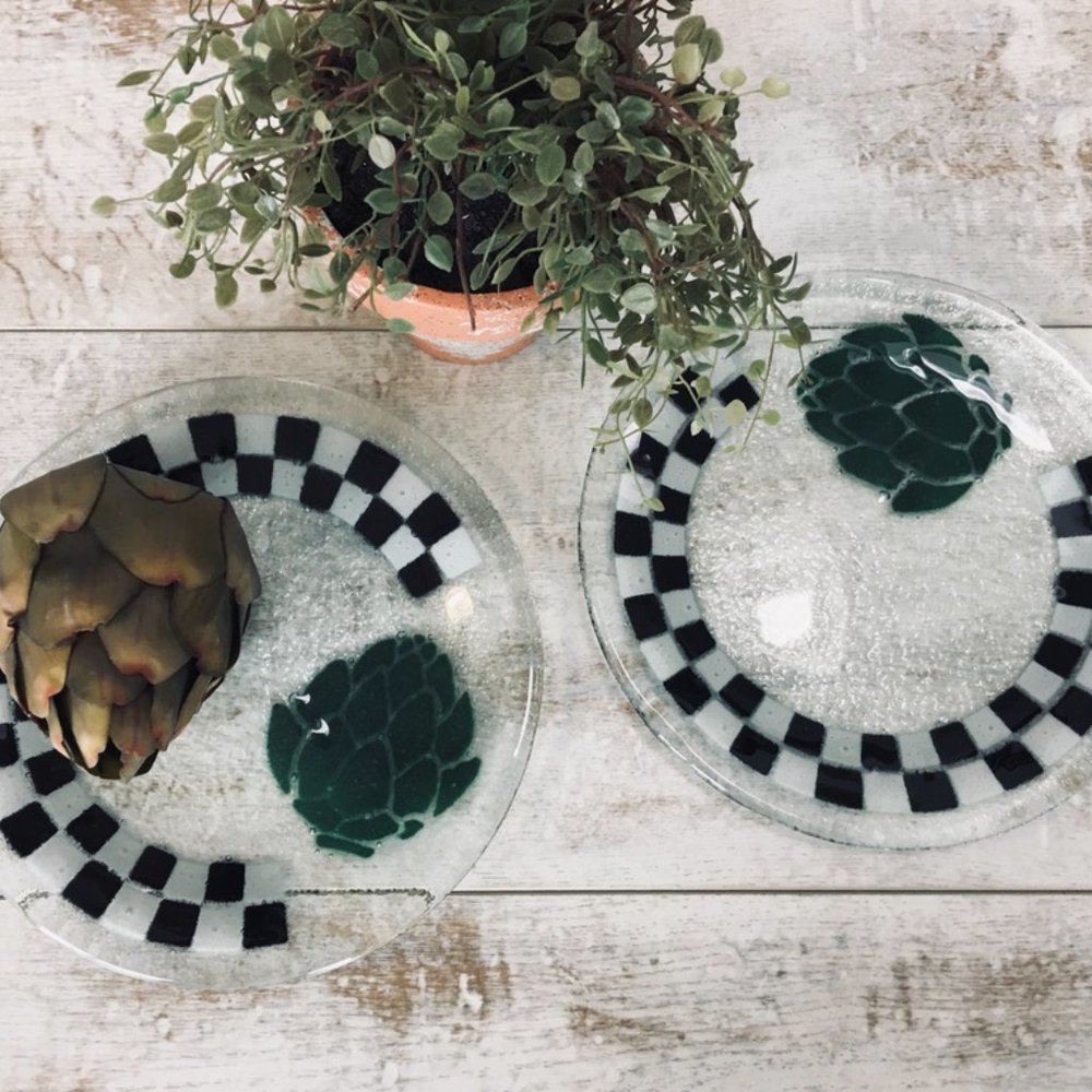 FIRM! RARE VINTAGE Peggy Karr Checkerboard Artichoke Plates (2)